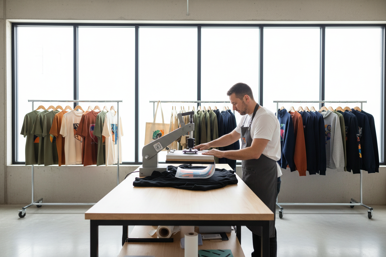 Zorg ervoor dat het op maat wordt gemaakt door transferdruk met een drukpers. Zorg ervoor dat er niks aan de muur hangt. Zorg ervoor dat het door een man wordt gemaakt. Zorg ervoor dat er kleding op de achtergrond hangt.